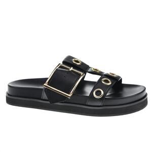 Chinese Laundry Black Slide Sandals with Gold Hardware